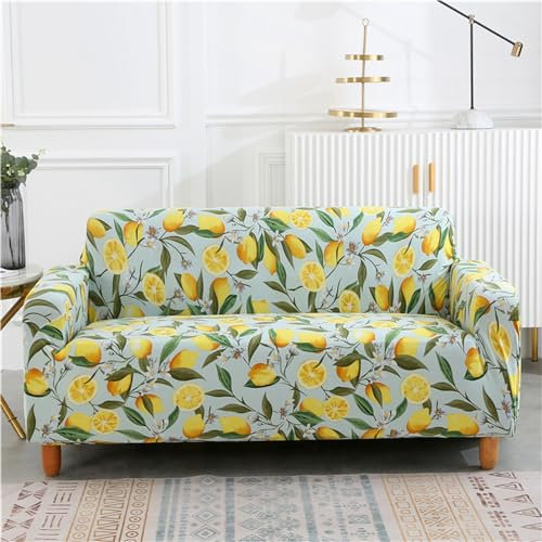 Sofa Überzug 2 Sitzer gelbe Zitrone Sofabezug, Druck Sofaschoner rutschfest, Elastisch Couch Überzug Mit Armlehnen, Sofa Cover Sofahusse Sofaüberwurf Couch Überwurf