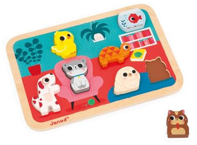 Janod - Chunky Puzzle - Die Haustiere - FSC-Holz - 7 Teile - Fördert Feinmotorik, Konzentration und Fantasie - Ab 18 Monaten, J07122