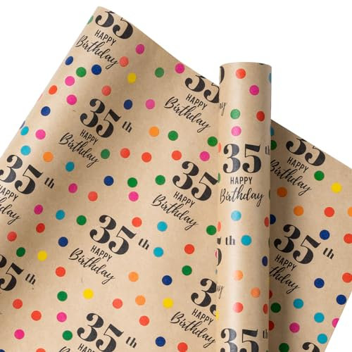 RUSPEPA Kraft-Geschenkpapierrolle mit Duft – Mini-Rolle – buntes Punkte-Design, ideal für Geburtstag, Party, Babyparty – 43,2 cm x 5 m – 35. Geburtstag