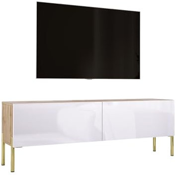 3E 3xE living.com Mobile TV largo 140 cm in colore Quercia wotan/Blanc Brillant con gambe dritte in oro, D: L: 140 cm, A: 52 cm, P: 32 cm