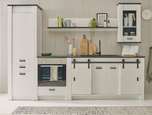 Furn.Design Küche Küchenzeile weiß Pinie und grau/anthrazit Küchenschrank Set 5-teilig Singleküche komplett Kücheneinrichtung 284 x 200 cm Stove (Set 3)