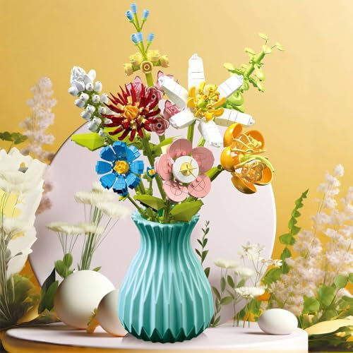 Flower Bouquet Building Set with Vase, 3D Puzzles Artificial Flowers for Adults Creative Flowers Building Blocks Set Toy DIY Decor for Home Office,Creative Gift (5)