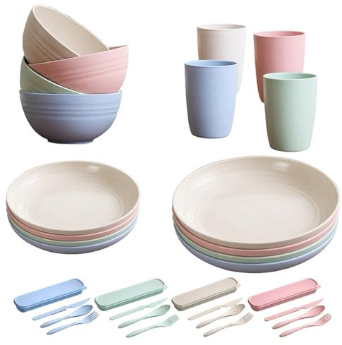 PIXESTT Camping Geschirr Set, Plastikgeschirr enthält 32 Geschirr, Das Outdoor Geschirrset in 4 Farben eignet sich für Familienessen, Picknick