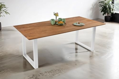 SAM Esstisch 200 x 100 cm Dean, Massivholztisch Eiche, Schweizer Kante, Esszimmertisch mit U-Gestell aus Metall Weiß, pflegeleichter Holztisch