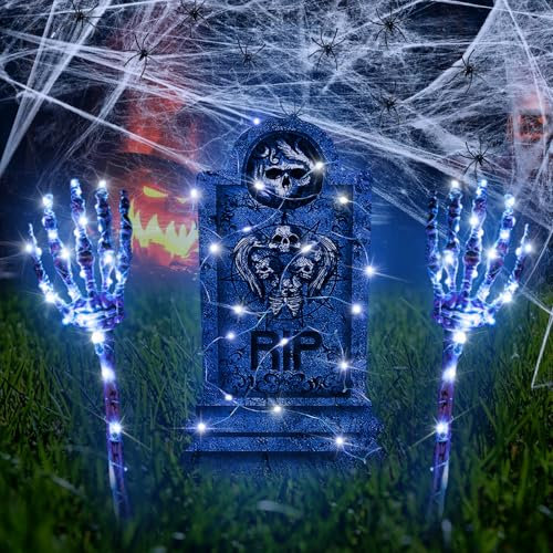 Halloween Deko Outdoor Skelett - Realistischer Grabstein, Spinnennetz, LED Schädel Hände, 4 Lichterketten - Gruselige Dekoration für Draußen, Garten, Friedhof, Horror Atmosphäre