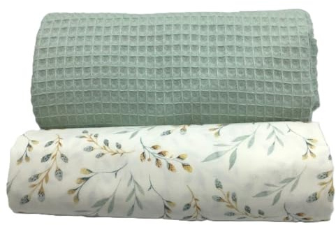 Waffelpique und Baumwollstoff Set | farblich abgestimmt | 100% Baumwolle | Ökotex | zum Nähen von Wickelunterlagen, Kissen, Babyzimmer-Ausstattung uvm. (Weidenzweig, dusty mint)
