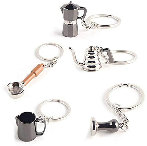 Bordhap 5PCS Coffee Tamper Keychain Espresso Portafilter Moka Pitcher Keyring Portable Coffee Accessories Gift