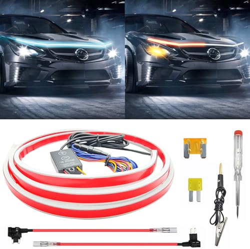 Universal Auto Tagfahrlicht, Auto Motorhaube Lichtstreifen Wasserdichtes 2-farbiges Licht Flexible Waterproof Auto Streifen Licht Dynamic Scan Start Up Kit Auto Motorhaube Lichtstreifen (Blau, 220cm)