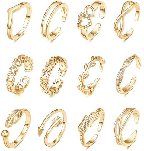 GXGM Bague Orteil pour Femmes Filles simple Réglable Knuckle Ring Lot Bagues Orteils Réglable Bijoux de pied(or), 12 pièce
