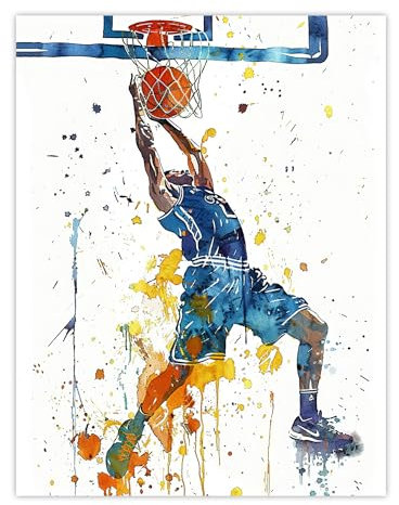 Artery8 Basketball Player Slam Dunk Sport Watercolour Man Cave Extra Large XL Wall Art Poster Print