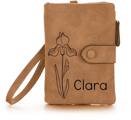 OTXIXTO Portefeuille Cuir Personnalisés pour Femme Nom Fleur de Naissance Portefeuille avec Zippé Porte-Monnaie avec Courroie de Poignet Mesdames Portefeuille pour Petite Amie Épouse Maman - Marron