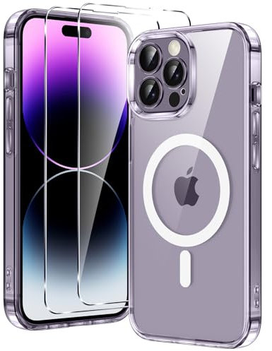 Xiltlly Funda Magnética para iPhone 14 Pro MAX con 2 Cristal Templado, Compatible con MagSafe, Carcasa Antigolpes Anti-Arañazos, TPU Bumper Case para iPhone 14 Pro MAX, Transparente