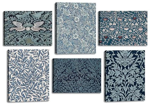 BINCUE 6 Stück William Morris Wandkunst,Blaue Blätter Blumen Poster,Abstrakt Blumen Bilder Set,Vintage Wanddeko Botanischer Vogel,Moderne Wandbilder Rahmen für Wohnzimmer Schlafzimmer Küche,25x20cm