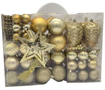 M.Kritzinger's Weihnachtskugel-Set, 108 Stück Weihnachtskugeln aus Kunststoff, Gold, ⌀ 3-6 cm