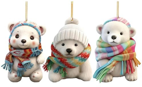 Christmas Polar Bear Ornament, 3-Pack Polar Bear Pendant with Scarf, 2D Acrylic Polar Bear Hangings for Christmas Tree, Christmas Tree Cute Furry Bear Hanging Decor, Animal Pendant Christmas