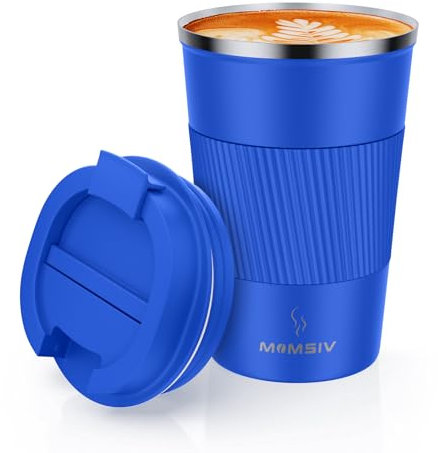 MOMSIV Coffee Cup, Insulated Coffee Cup with Leakproof Lid, Non-Slip Vacuum Reusable Stainless Steel Eco-Friendly Travel Office Mug for Hot and Cold Water Coffee and Tea, 380ml/13oz(Klein-Blue)