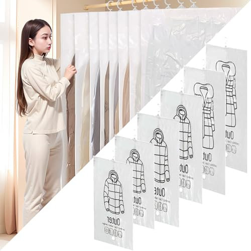 6 Pack Hanging Vacuum Bags for Clothes, Space Saving, Reusable Coat Vacuum Storage Bag for Hanging Closet, Jackets, Clothes, Comes(70 * 90cmX2丨70*110cmX2丨70*135cmX2)