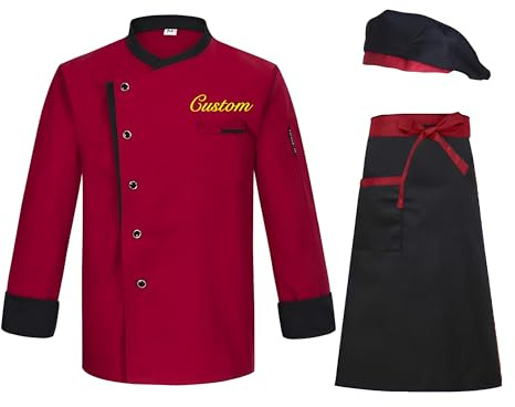 Dobraya Individuelles Kochjacken-Set mit besticktem Namen - Langärmeliges Chefhemd mit Schürze & Mütze (Unisex-Küchenuniformen für Köche)