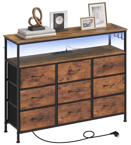 WOLTU Kommode mit 9 Stoffschubladen, LED und Steckdosen, Schubladenschrank mit Metallrahmen, Sideboard Wohnzimmer Schlafzimmer Flur, Rustikales Braun Schwarz