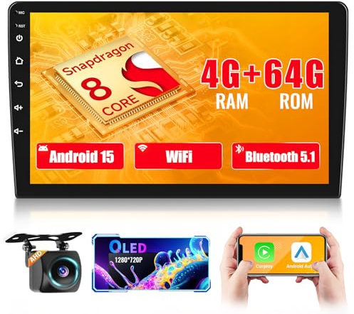 Hikity Qualcomm Snapdragon 8-Core 4+64G Android 15 Radio Coche 2 DIN con Carplay Android Auto inalámbrico, Pantalla Táctil de 10 Pulgadas con Modelo de Coche 3D WiFi GPS BT FM/RDS DSP SWC CAM Mic
