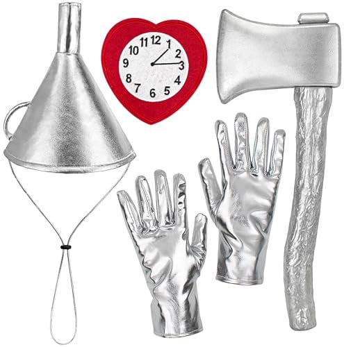 Yezmo 5PCS Tin Costume Accessories, Silver Axe Funnel Hat Set with Silvery Gloves Heart Brooch for Adult Men for Cosplay Party