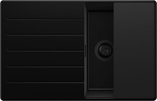 PRIMAGRAN Evier Cuisine en Granit Tout Noir 78x50cm, Lavabo 1 bac + Kit de Vidage + Planche à Découper, Évier à Encastrer al mueble 45cm - Copenhague S158