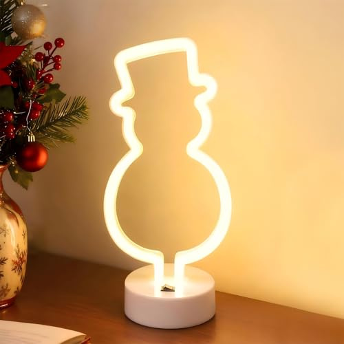 LED Neonlichtschild in Weihnachtselemente Form mit Ständer, Batterie/USB Betrieben Neon Nachtlicht, Neonlampe für Weihnachten Kinderzimmer Wohnzimmer Hochzeit Dekor (Schneemann)