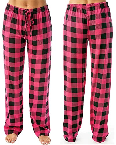 Pantalon Polaire Femme, Bas De Pantalon Pyjama De Noel Femme Hiver Chaud Polaire Homewear avec Poches Coton Large Vêtements De Nuit Assorti Couple Pantalons Maison Lounge Carreaux Rouge Rose, M