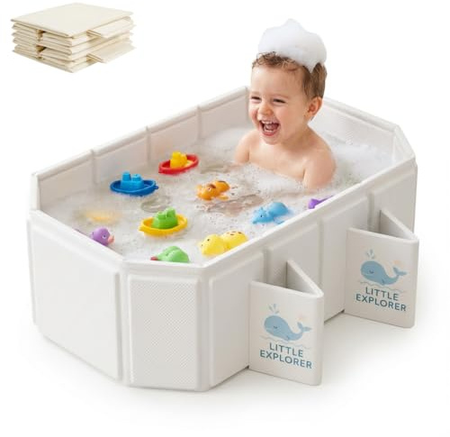 Bañera plegable para bebés de 0 a 6 años, modelo infantil para ducha, diseño portátil con 4 patas estables y doble drenaje, fácil de guardar y transportar, blanco