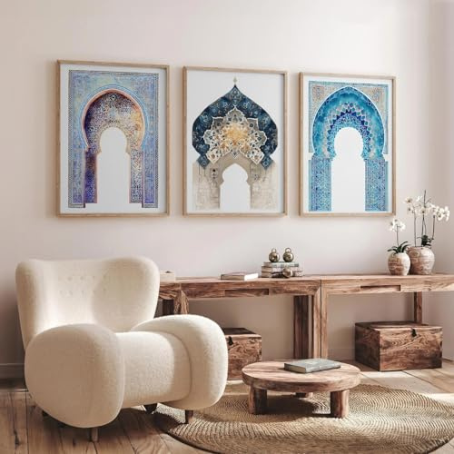 3er poster set Marokkanisches Architektur Wandbilder, Blau-Gold Leinwanddrucke für Wohnzimmer Schlafzimmer Büro Flur Wanddeko Kunst, Ohne Rahmen (50x70 cm)