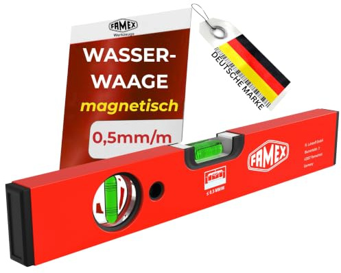 FAMEX Magnet Wasserwaage 30 cm – Präzise Aluminium Wasserwaage mit 2 Libellen, 0,5 mm/m Genauigkeit, Magnetisch, Profi Wasserwaage für Handwerker, Heimwerker, Montage, Regal- und Bilderausrichtung