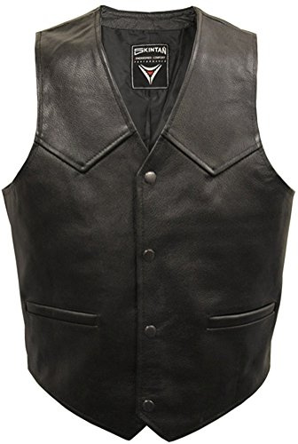 Skintan Mens Real Genuine Leather Full Grain Cowhide Plain Motorcycle Biker Waistcoat Classic Custom Cruiser Motorbike Jacket Vest in Black Size 7XL 56