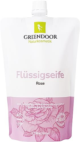GREENDOOR Bio Flüssigseife Nachfüller Rose 500ml vegan, Seife biologisch abbaubar, natürlich ohne Parabene Sulfate Tierversuche, Naturseife, flüssige Hand-Seife