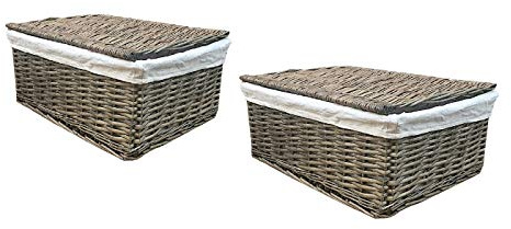 Topfurnishing Oak Lidded Wicker Storage Basket Toy box Empty Xmas Hamper Basket Lining (Set of 2 Small 30x20x11.5 cm,Oak