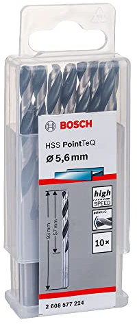 Bosch Accessories 2608577224 HSS PointTeQ (5,6 x 57 x 93 mm) - Set da 10 Pezzi di Punte Elicoidali per Trapano per Metallo, Acciaio, Fusione o Plastica, Grigio (Argento), Ø 5.6 mm