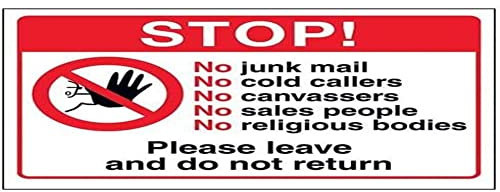 V Safety Stop! No Junk Mail or Cold Callers Sign - 150mm x 100mm - Self Adhesive Vinyl