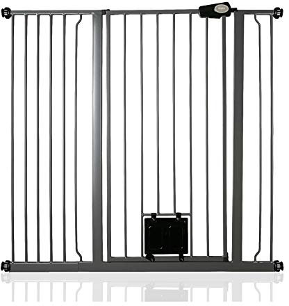 Bettacare Haustiergitter mit Verriegelbarer Katzenklappe, 113.8cm - 121.4cm, Schiefergrau, 104cm in der Höhe, Extra Hohes Haustier Sicherheitsgitter mit Katzenklappe, Einfache Installation