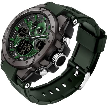 findtime Herren Uhren Digital Militär Sport Outdoor Totenkopf-Motiv Schädel Wasserdicht Timer Chronograph Countdown Tactical Watch Analog Armbanduhr Männer Jungen LED Kalender 12/24H Stoppuhr Wecker