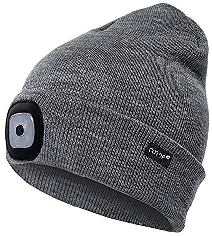 Strickmütze mit Licht, Wiederaufladbar 4 LED Stricken Beanie Winter warmer Mütze Stirnlampe mit 3 Helligkeitsstufen mit 2 Lichtern für Wandern, Laufen, Wandern im Freien, Schnee schippen, Radfahren