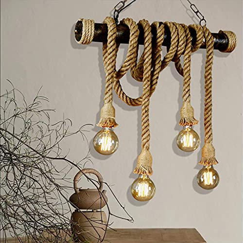 Vintage Hanfseil Pendelleuchte Retro Industrial E27 Loft Hängelampe Eisen Decke Kronleuchter Höhenverstellbar Handgewebt Pendellampe Cafe Bar Küche Restaurant Deckenlampe Beleuchtung