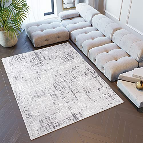 TAPISO Sky Teppich Kurzflor Modern Grau Creme Karo Streifen Design Meliert Wohnzimmer Schlafzimmer 3D Effekt ÖKOTEX 80 x 150 cm