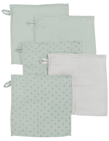 roba organic 5er Set Waschlappen 'Lil Planet‘ frosty green, Musselin, Bio-Baumwolle, GOTS, 25 x 25 cm