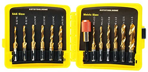 AUTOTOOLHOME Titanium Combination Drill Tap Bit Set 13PCS SAE and Metric Tap Bits Kit for Screw Thread Drilling Tapping Deburring Countersinking