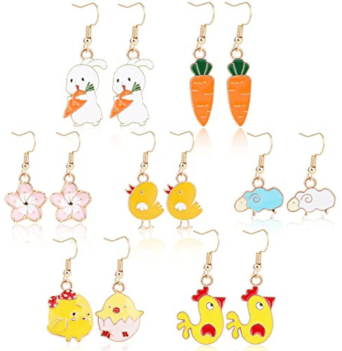 DPKOW 7 Paare Ostern Ohrringe Ohrhänger Set, Ostern Tropfen Baumeln Ohrringe Durchbohrt Ohrringe für Mädchen Damen Kinder Modeschmuck Geschenke, Ostern Küken Kaninchen Hase Ohrringe Karotte Lamm Blume