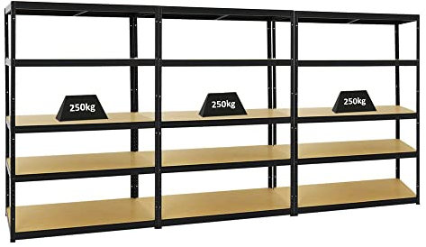PROREGAL Mega Deal 3er-Set Schwerlastregale Big Elephant 180x120x60cm mit 5 Ebenen Fachlast 250kg Schwarz