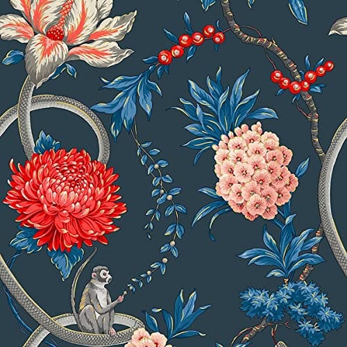 Belgravia Forbidden Fruit Blue Floral Monkey Animals Quirky Wallpaper 39003