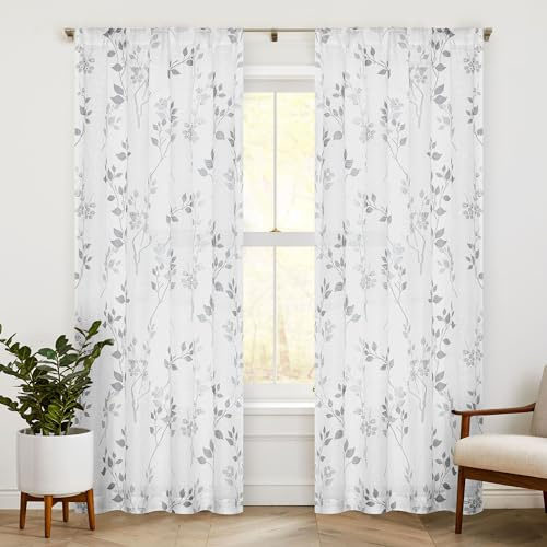 Beauoop Fenstervorhänge mit Stangentasche, Blätterdruck, 24 cm lang, botanisches Blumenmuster, Leinenstruktur, Vorhänge für Wohnzimmer/Schlafzimmer/Bauernhaus, halbdurchsichtig, Grau, 2 Paneele