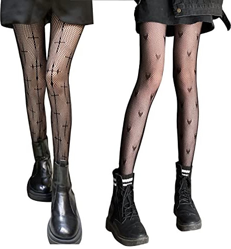 SERAPHY Strumpfhosen Damen Muster, Hohe Taille Sexy Netzstrumpfhose mit Reizvollen und Charmanten Aushöhlen Muster, Schiere Mesh Loch Strumpfhose, 2 Paar Schwarz-Herz+Kreuz