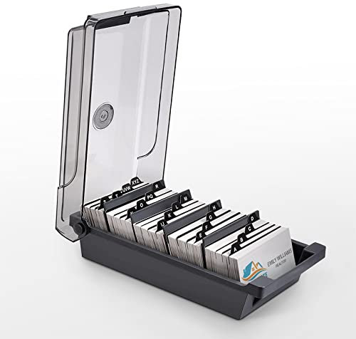 Senbaler Porte-cartes de Visite Professionnel 500 Cartes,Boîte Range Carte de Visite Transparente avec 4 Tableaux de Séparation et Onglets Index A-Z (Gris)