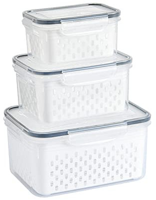 DUDNJC Paquete de 3 recipientes de almacenamiento con coladores, contenedores de almacenamiento de frutas y verduras para refrigerador, contenedor de plástico para ahorro de productos con rejillas de